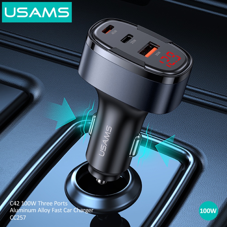 USAMS φορτιστής αυτοκινήτου US-CC257, USB/USB-C/Lightning, 100W, γκρι - Image 3