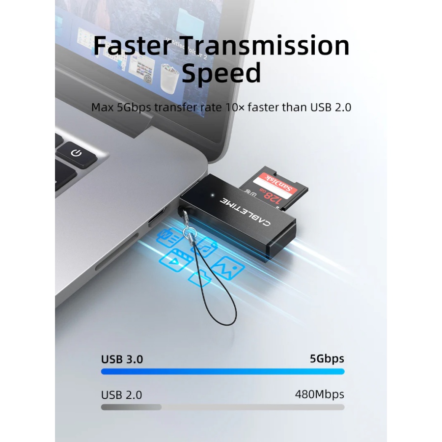CABLETIME card reader CT-ASD3-PB για SD & micro SD, USB, 5Gbps, μαύρο - Image 2