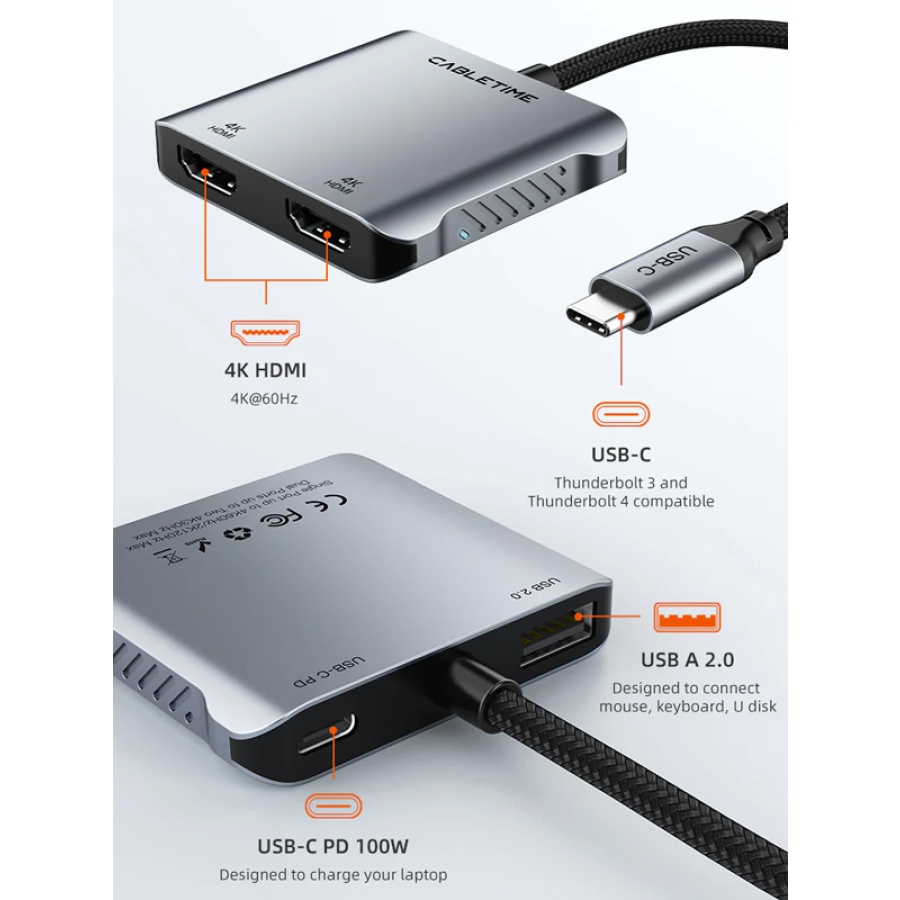 CABLETIME docking station CT-CM2H4K-AG, 4 θυρών, USB-C, 4K, 100W, γκρι - Image 3