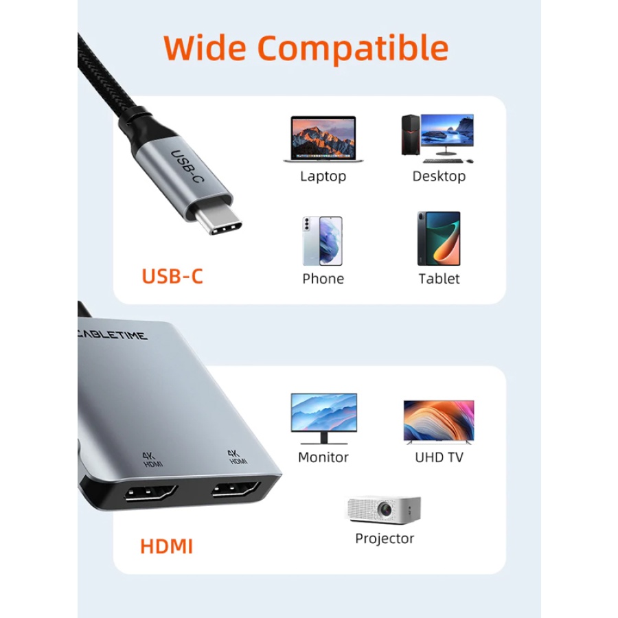 CABLETIME docking station CT-CM2H4K-AG, 4 θυρών, USB-C, 4K, 100W, γκρι - Image 5