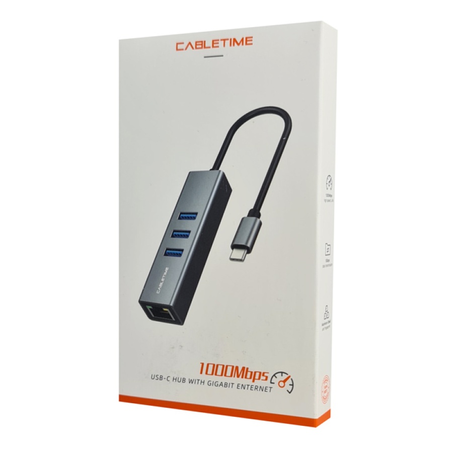 CABLETIME USB-C hub CT-CMLU3, RJ45 & 3x USB θύρες, 5Gbps, 1000Mbps, γκρι - Image 3