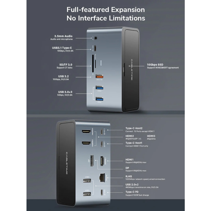 CABLETIME docking station DOCK162-AG2 15 θύρες, M.2 NVME, 4K 100W, γκρι - Image 2