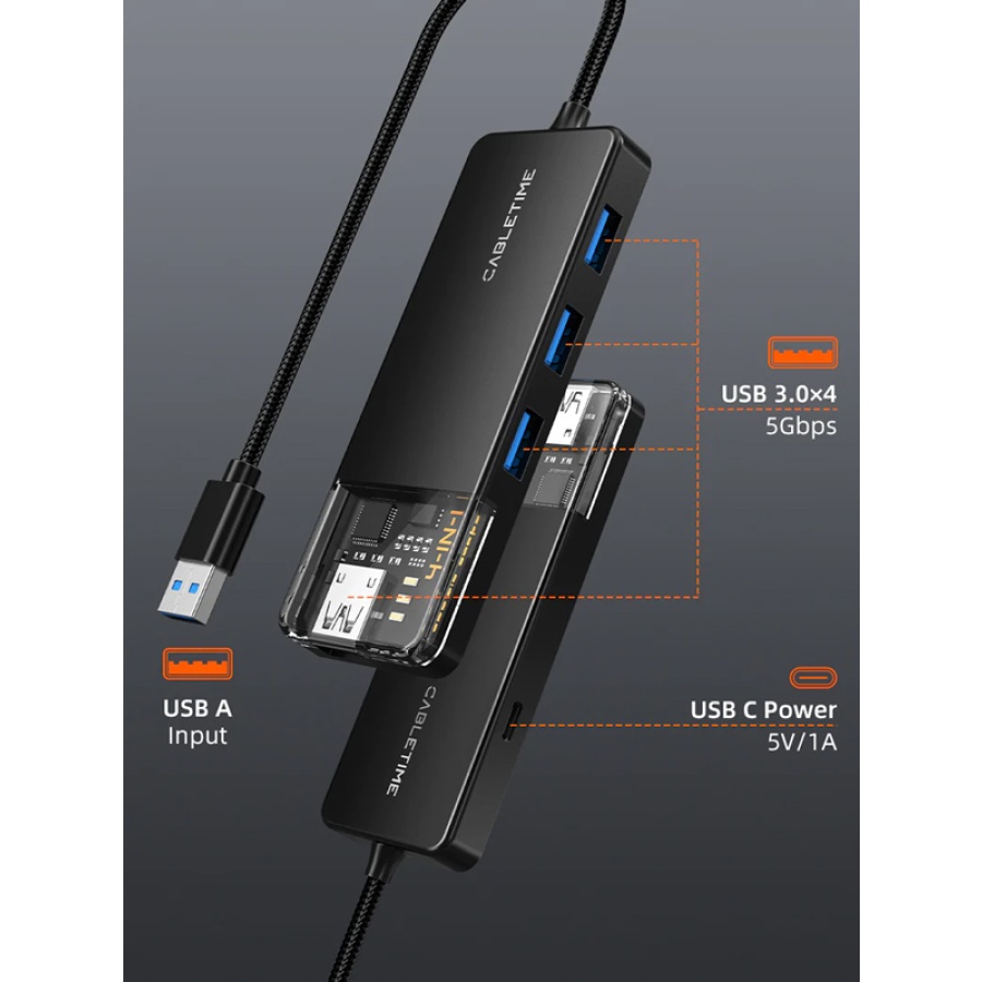 CABLETIME USB hub CT-HUBT2-PB, 4x θυρών, 5Gbps, USB σύνδεση, 1m, μαύρο - Image 3