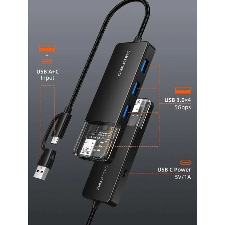 CABLETIME USB hub CT-HUBT3-PB, 4x θυρών, 5Gbps, USB/USB-C σύνδεση, μαύρο - Image 3