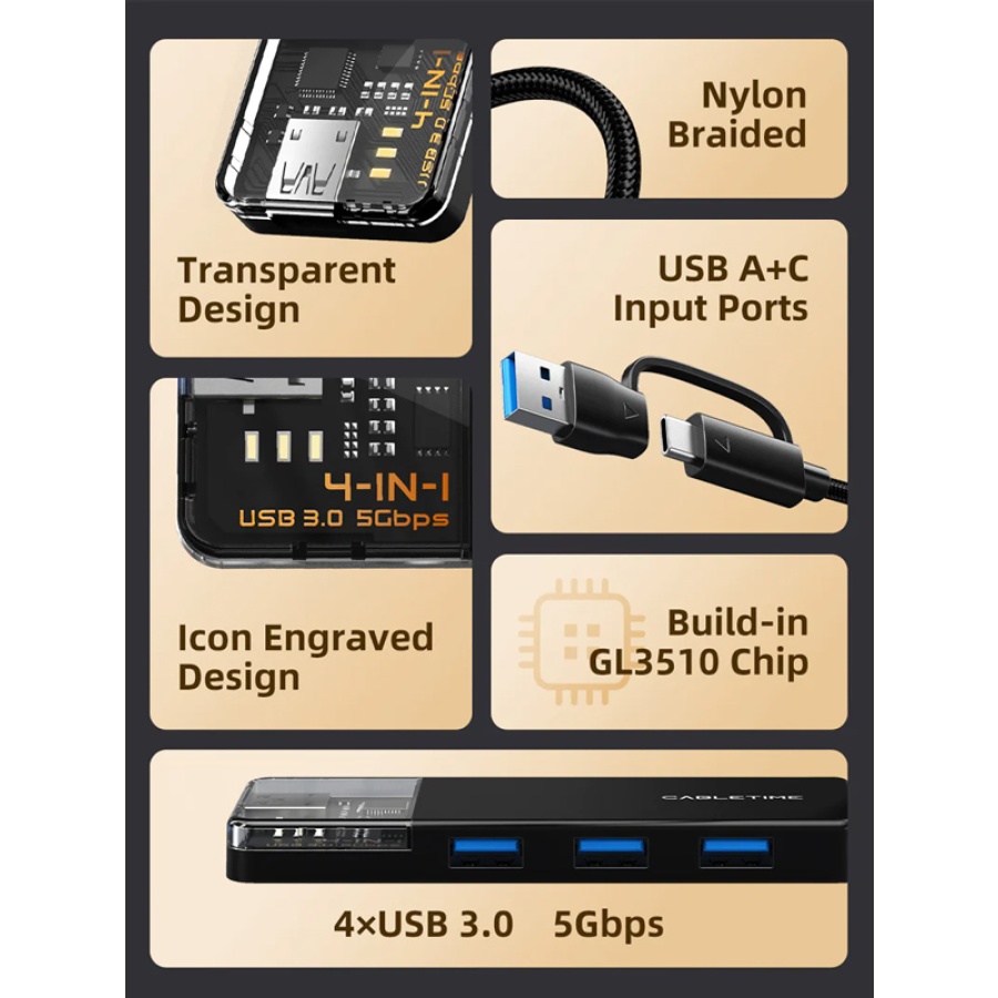 CABLETIME USB hub CT-HUBT3-PB, 4x θυρών, 5Gbps, USB/USB-C σύνδεση, μαύρο - Image 4