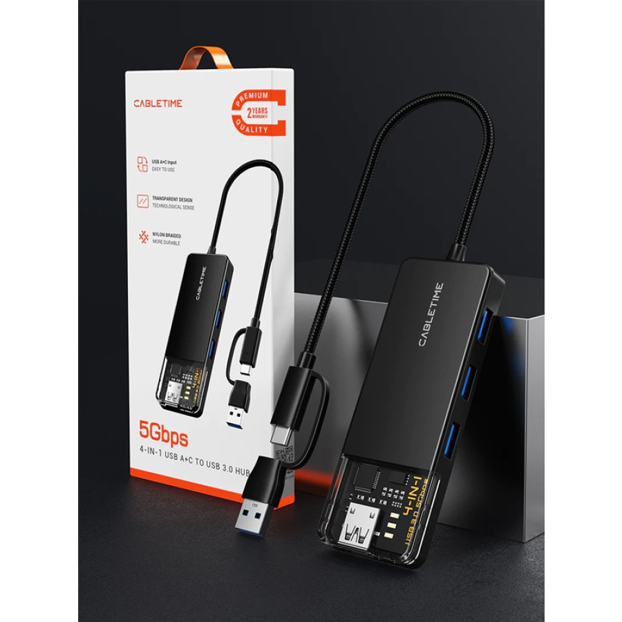 CABLETIME USB hub CT-HUBT3-PB, 4x θυρών, 5Gbps, USB/USB-C σύνδεση, μαύρο - Image 6