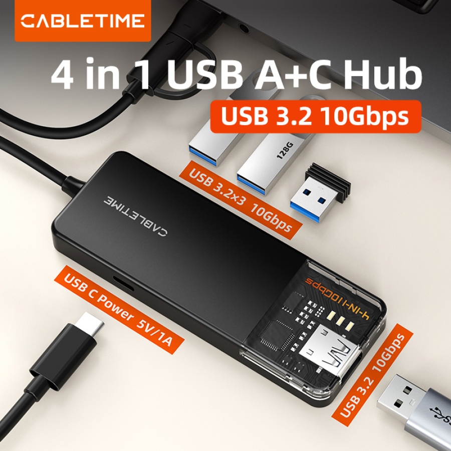 CABLETIME USB hub CT-HUBT5-PB, 4x θυρών, 10Gbps, USB/USB-C σύνδεση, μαύρο - Image 2