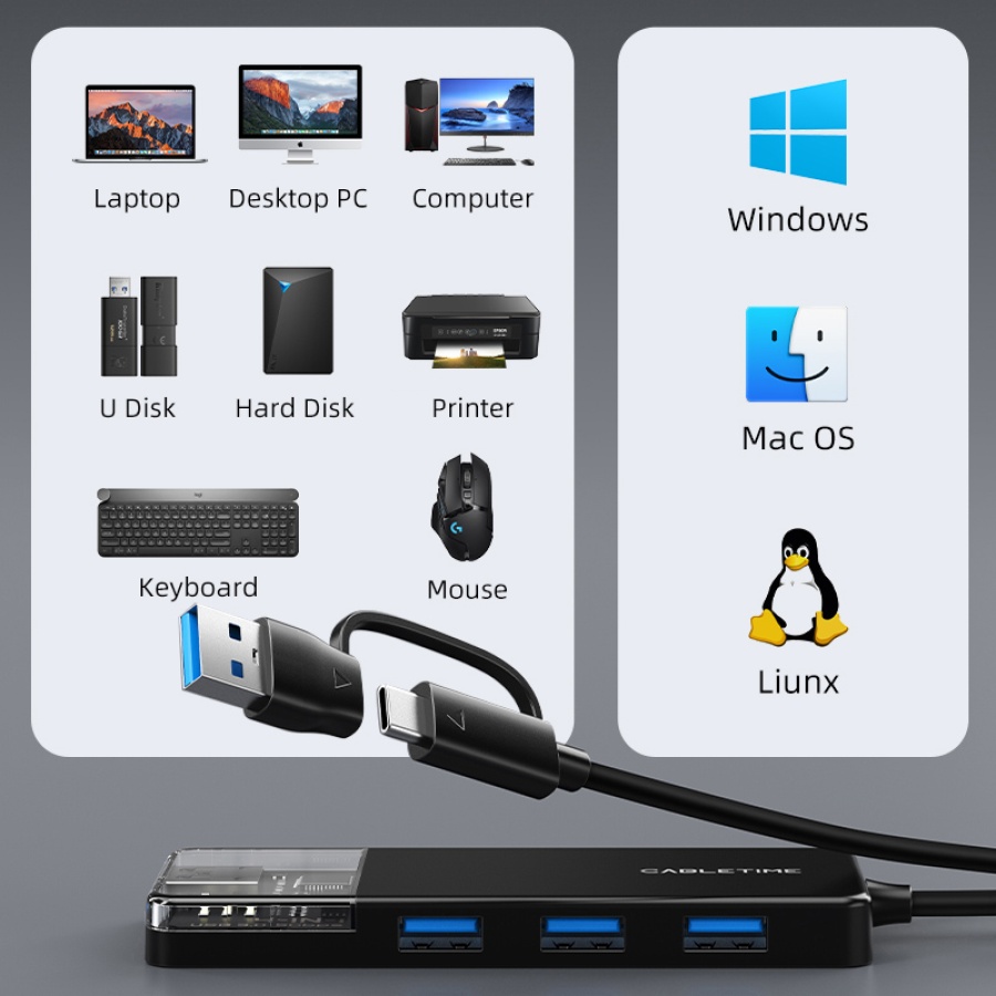 CABLETIME USB hub CT-HUBT5-PB, 4x θυρών, 10Gbps, USB/USB-C σύνδεση, μαύρο - Image 9