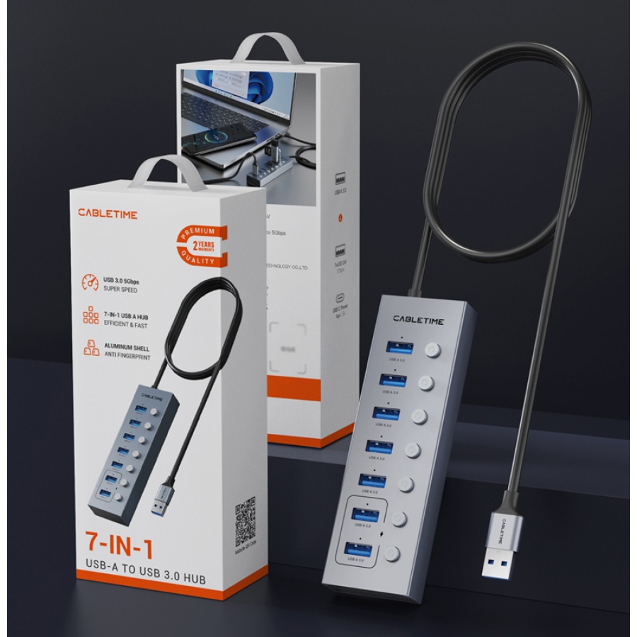 CABLETIME USB hub CT-HUBU7-AG, 7x θυρών, 5Gbps, USB σύνδεση, 1m, γκρι - Image 3