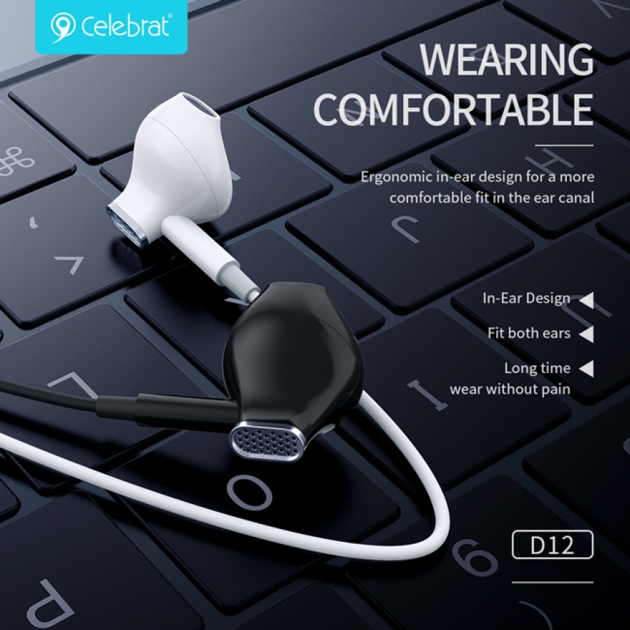 CELEBRAT earphones με μικρόφωνο D12, USB-C σύνδεση, Φ14.2mm, 1.2m, μαύρα - Image 2