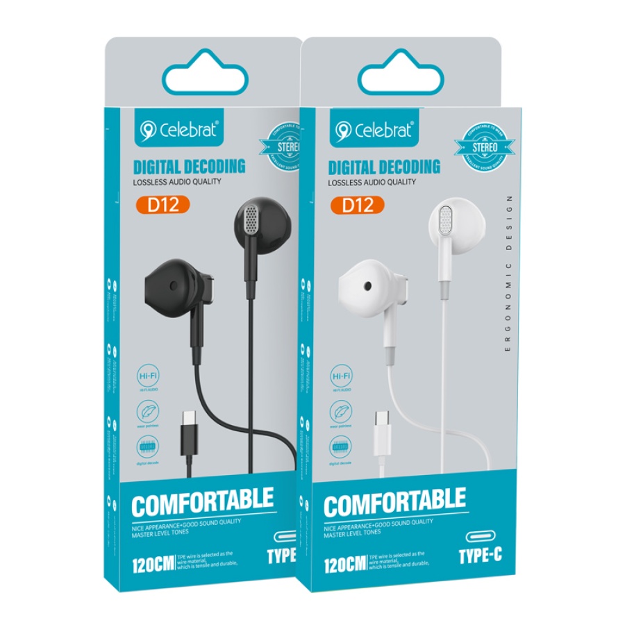 CELEBRAT earphones με μικρόφωνο D12, USB-C σύνδεση, Φ14.2mm, 1.2m, μαύρα - Image 4