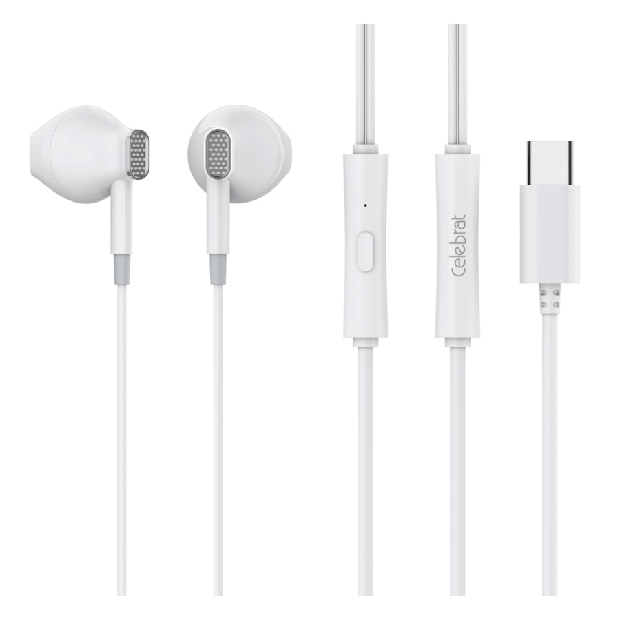 CELEBRAT earphones με μικρόφωνο D12, USB-C σύνδεση, Φ14.2mm, 1.2m, λευκά