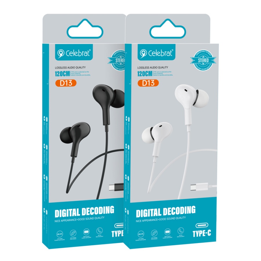 CELEBRAT earphones με μικρόφωνο D13, USB-C σύνδεση, Φ10mm, 1.2m, μαύρα - Image 3