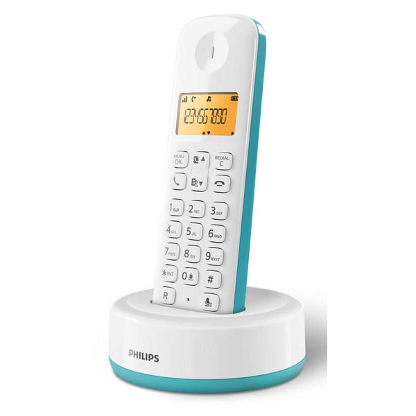 PHILIPS ασύρματο τηλέφωνο D1601T-34, με ελληνικό μενού, λευκό-πράσινο