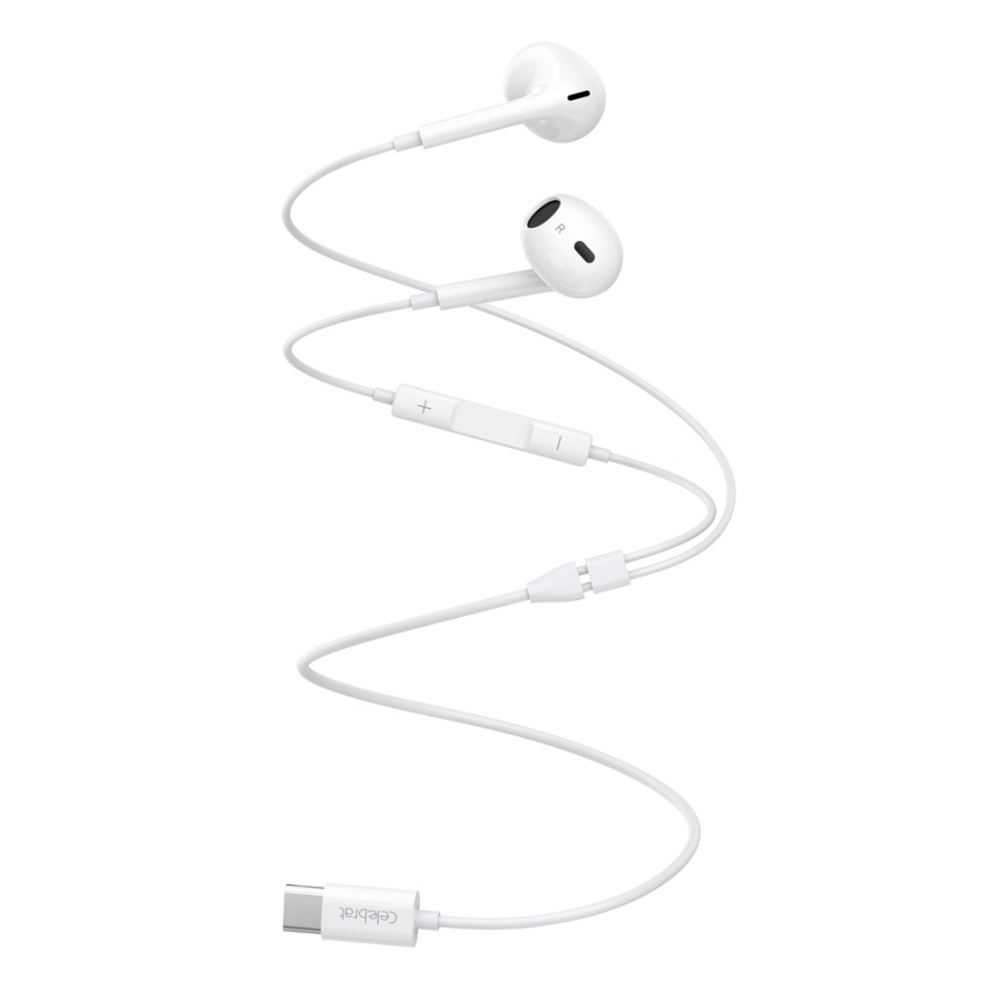 CELEBRAT earphones με μικρόφωνο E400, USB-C σύνδεση, Φ14mm, 1.2m, λευκά - Image 3