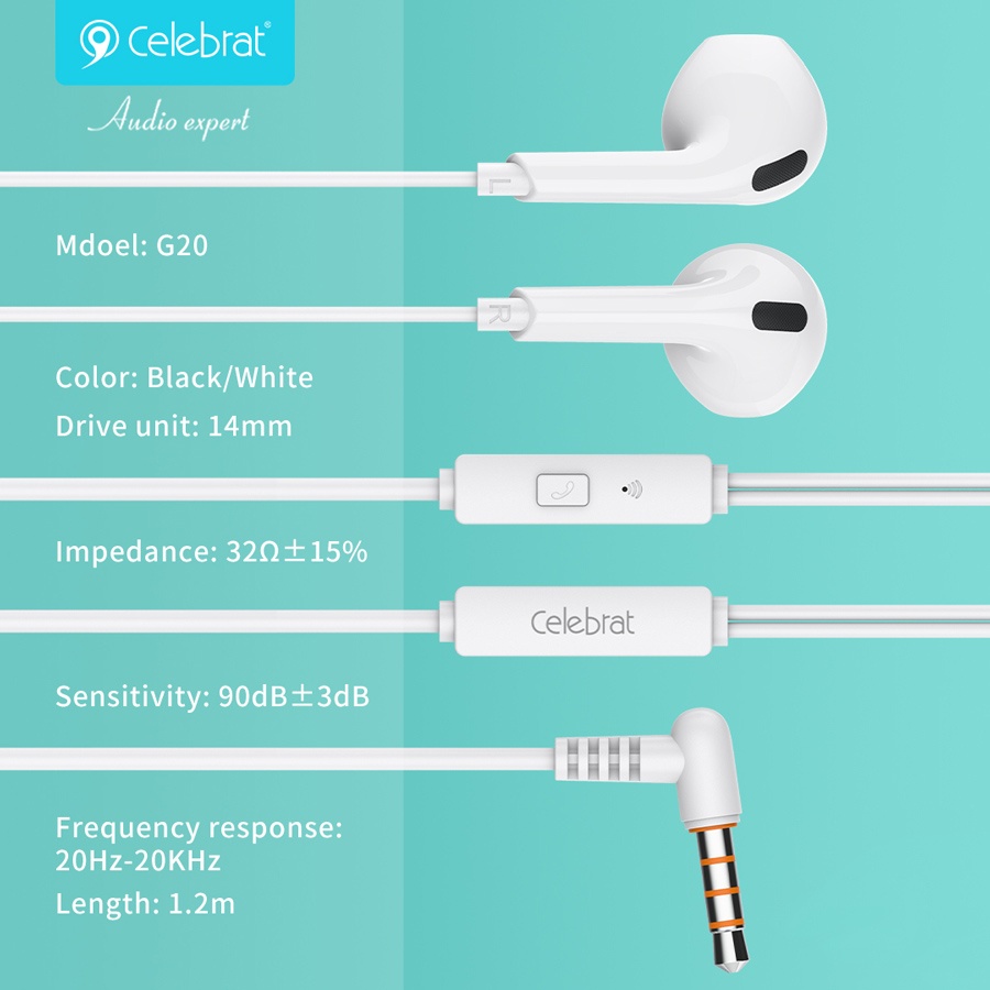 CELEBRAT earphones με μικρόφωνο G20, 3.5mm σύνδεση, Φ14mm, 1.2m, λευκά - Image 4