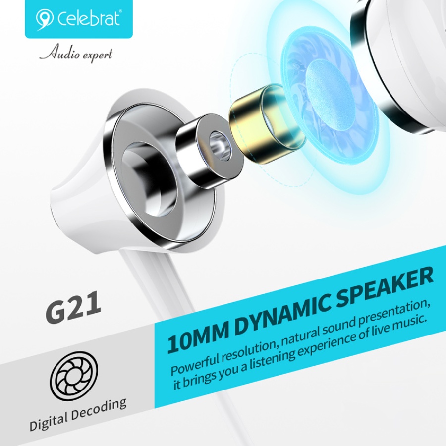 CELEBRAT earphones με μικρόφωνο G21, 3.5mm σύνδεση, Φ12mm, 1.2m, λευκά - Image 5