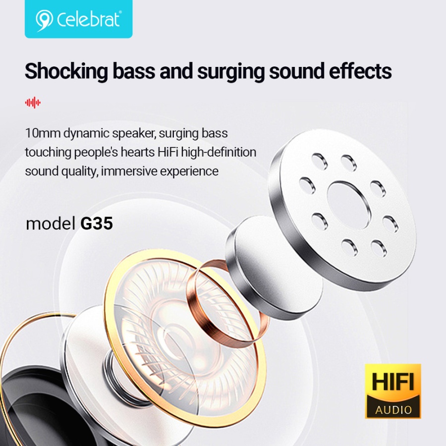 CELEBRAT earphones με μικρόφωνο G35, 3.5mm σύνδεση, 10mm, 1.2m, μαύρα - Image 3