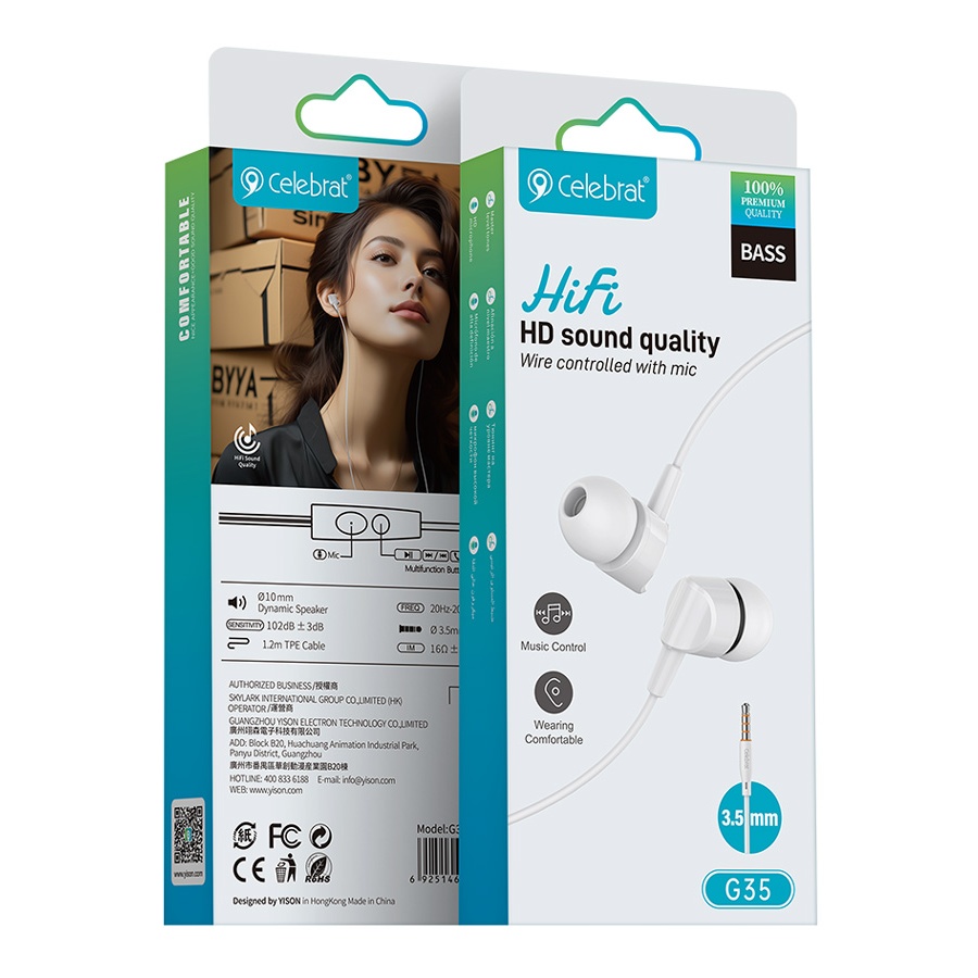 CELEBRAT earphones με μικρόφωνο G35, 3.5mm σύνδεση, 10mm, 1.2m, λευκά - Image 5