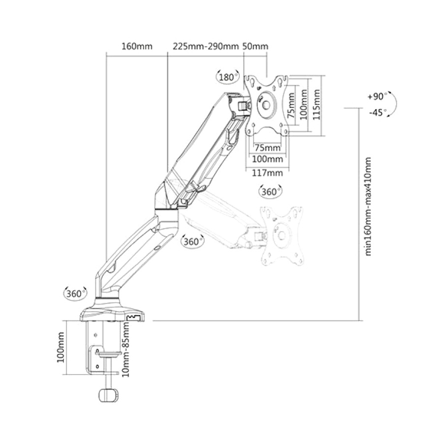 BRATECK βάση γραφείου Gas Spring για οθόνες 17" - 32", 2-10kg - Image 9