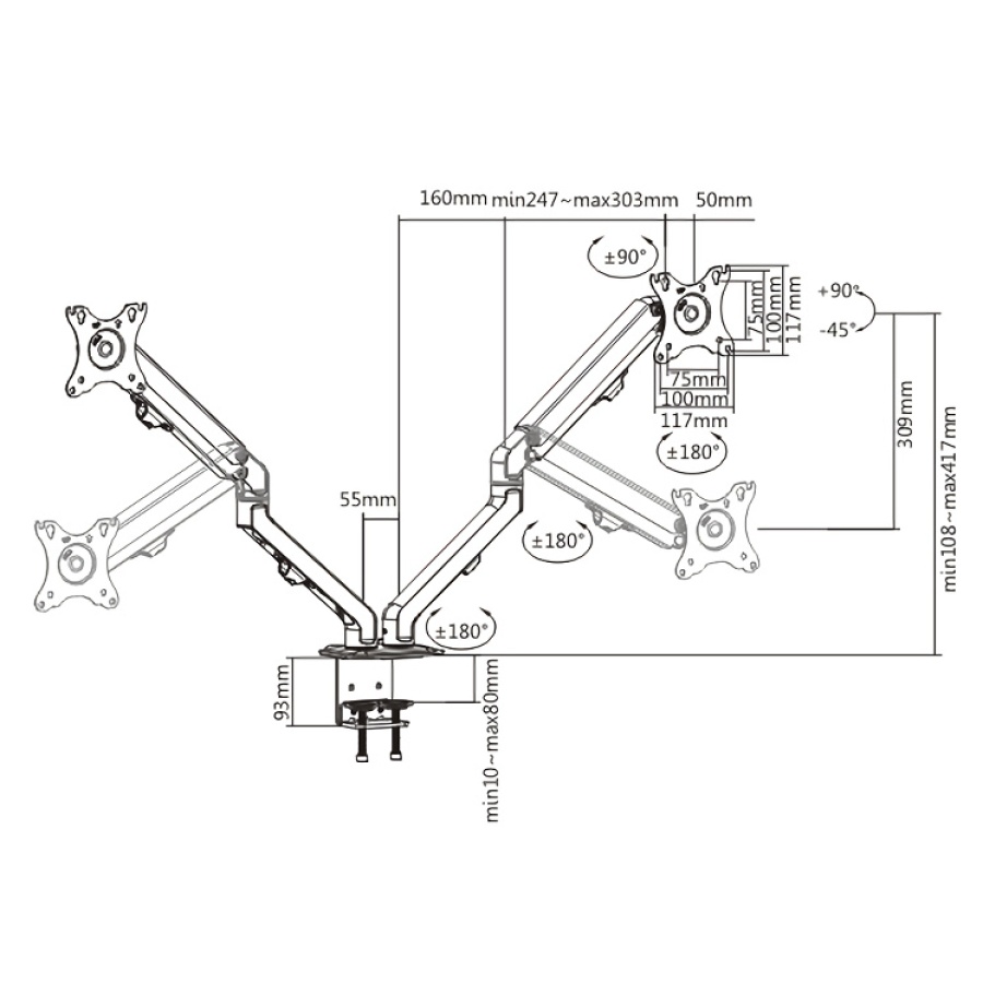 BRATECK βάση γραφείου LDT45-C024 για 2 οθόνες 17"-27", έως 7kg ανά οθόνη - Image 7