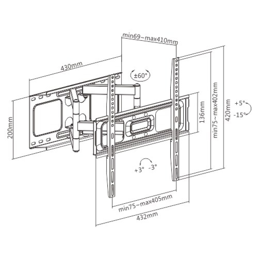 BRATECK επιτοίχια βάση LPA69-446 για τηλεόραση 32-70", full motion, 45kg - Image 7