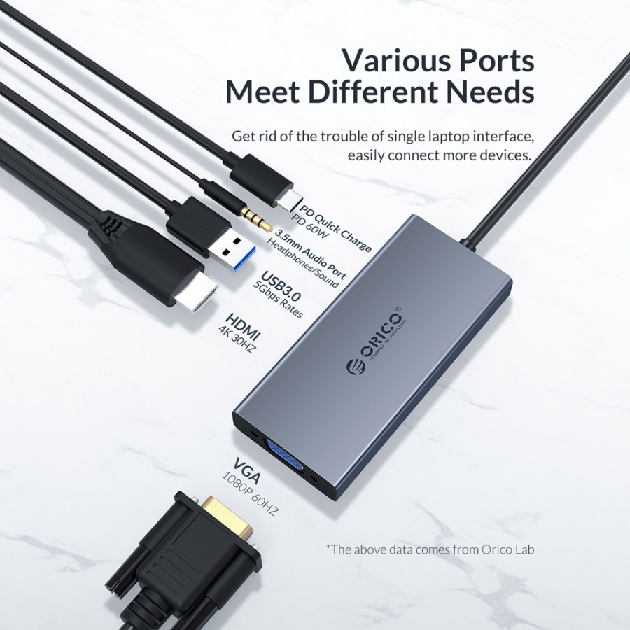 ORICO docking station MC-U501P, 5 θυρών, USB-C σύνδεση, 60W PD, 4K, γκρι - Image 2