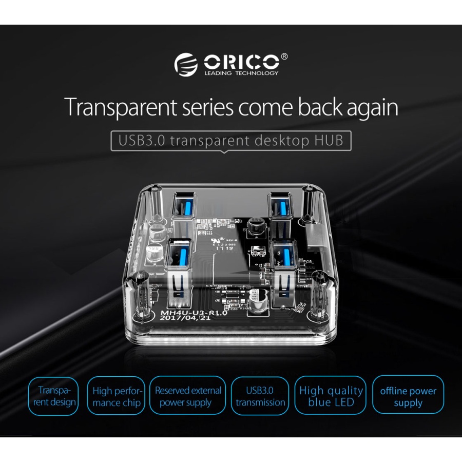 ORICO USB hub MH4U-U3, 4x θυρών, 5Gbps, διάφανο - Image 4