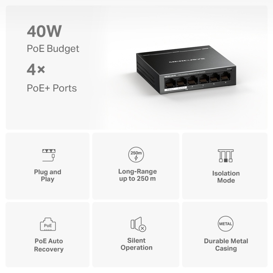 MERCUSYS Desktop Switch MS106LP, 6x 10/100 Mbps, PoE+, Ver. 1.0 - Image 2