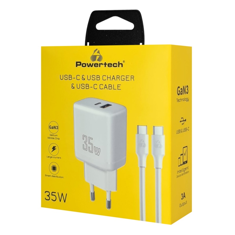 POWERTECH φορτιστής τοίχου PT-1179, καλώδιο, USB/USB-C, 35W, GaN, λευκός - Image 2