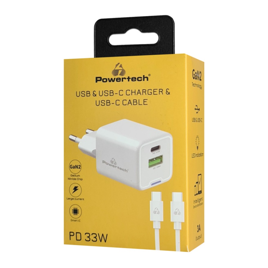 POWERTECH φορτιστής τοίχου PT-1224, καλώδιο, USB/USB-C, 33W, GaN, λευκός - Image 3