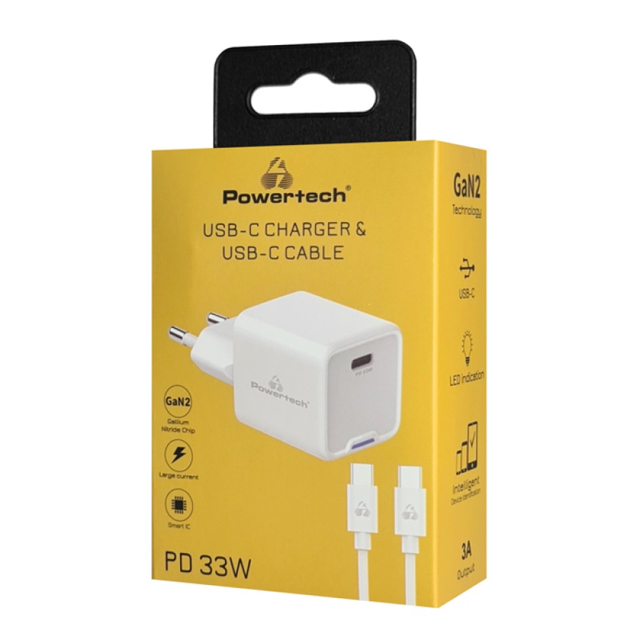 POWERTECH φορτιστής τοίχου PT-1225 με καλώδιο, USB-C, 33W, GaN, λευκός - Image 3