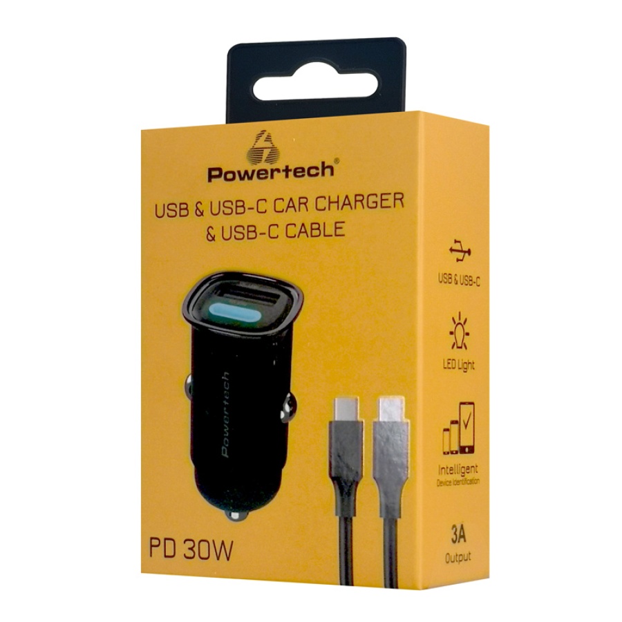 POWERTECH φορτιστής αυτοκινήτου PT-1229, καλώδιο, USB/USB-C, 30W, μαύρος - Image 2
