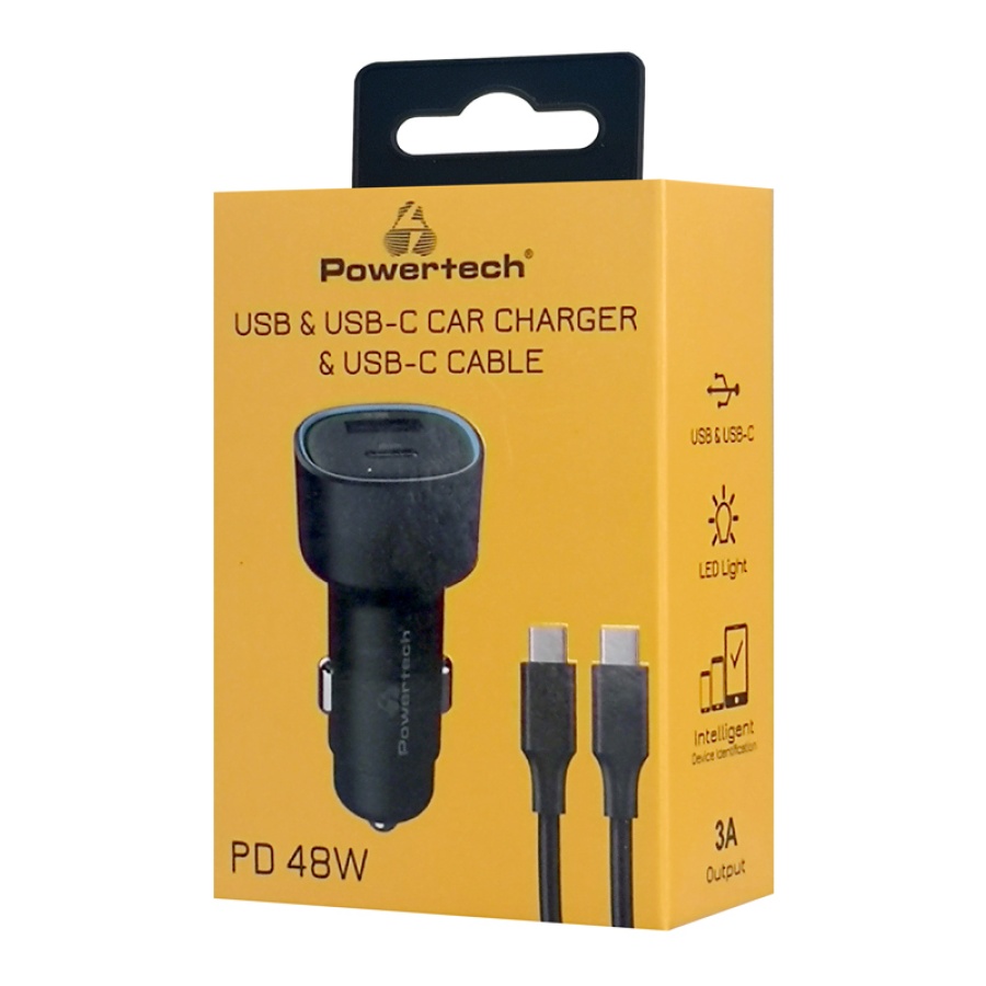POWERTECH φορτιστής αυτοκινήτου PT-1230, καλώδιο, USB/USB-C, 48W, μαύρος - Image 2