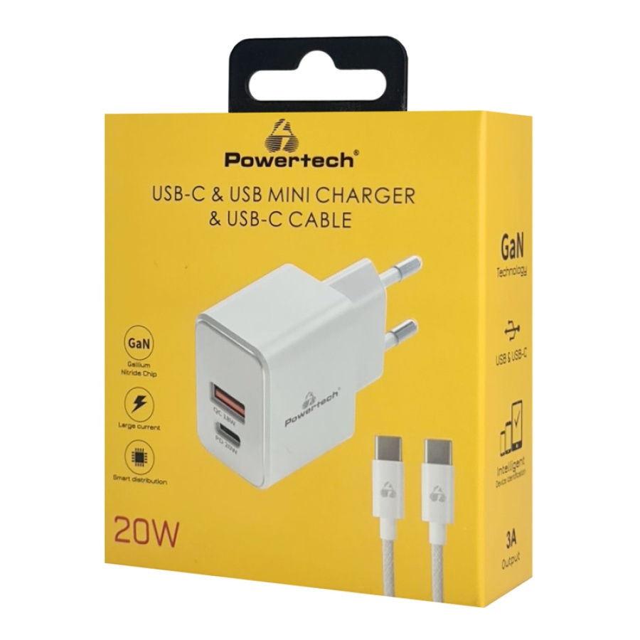 POWERTECH φορτιστής τοίχου PT-1248, καλώδιο, USB/USB-C, 20W, GaN, λευκός - Image 2