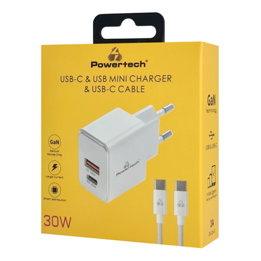 POWERTECH φορτιστής τοίχου PT-1249, καλώδιο, USB/USB-C, 30W, GaN, λευκός - Image 2