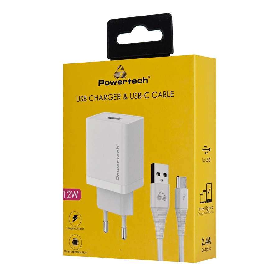 POWERTECH φορτιστής τοίχου PT-1322 με καλώδιο USB-C, USB, 12W, λευκός - Image 2