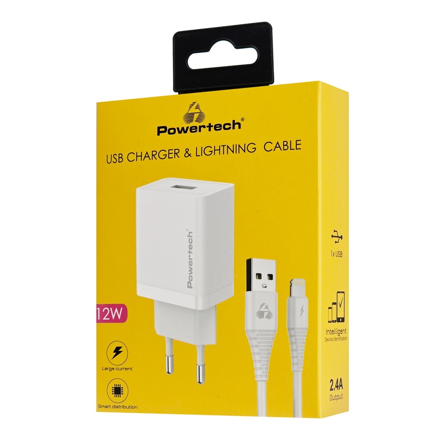 POWERTECH φορτιστής τοίχου PT-1323 με καλώδιο Lightning, USB, 12W, λευκός - Image 2