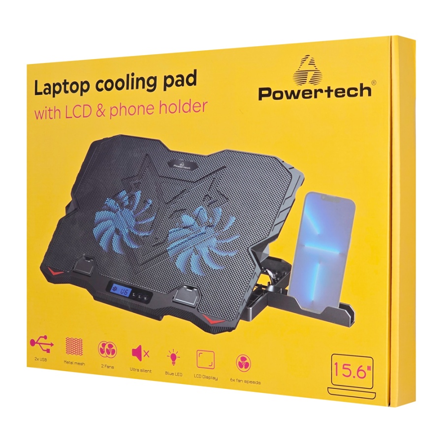 POWERTECH βάση & ψύξη laptop PT-1346, έως 15.6", 2x 125mm LED fan, μαύρη - Image 6