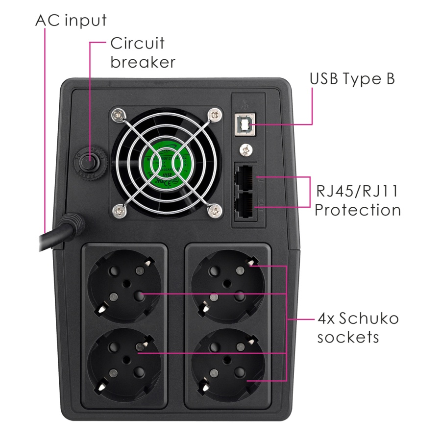 POWERTECH UPS Line Interactive PT-1800LCD με οθόνη, 1800VA, 1080W, 4x Schuko, 2x RJ45/RJ11, USB Type B - Image 2