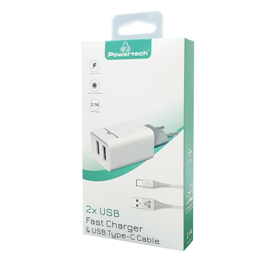 POWERTECH φορτιστής τοίχου PT-776 με καλώδιο USB-C, 2x USB, 2.1A, λευκό - Image 2