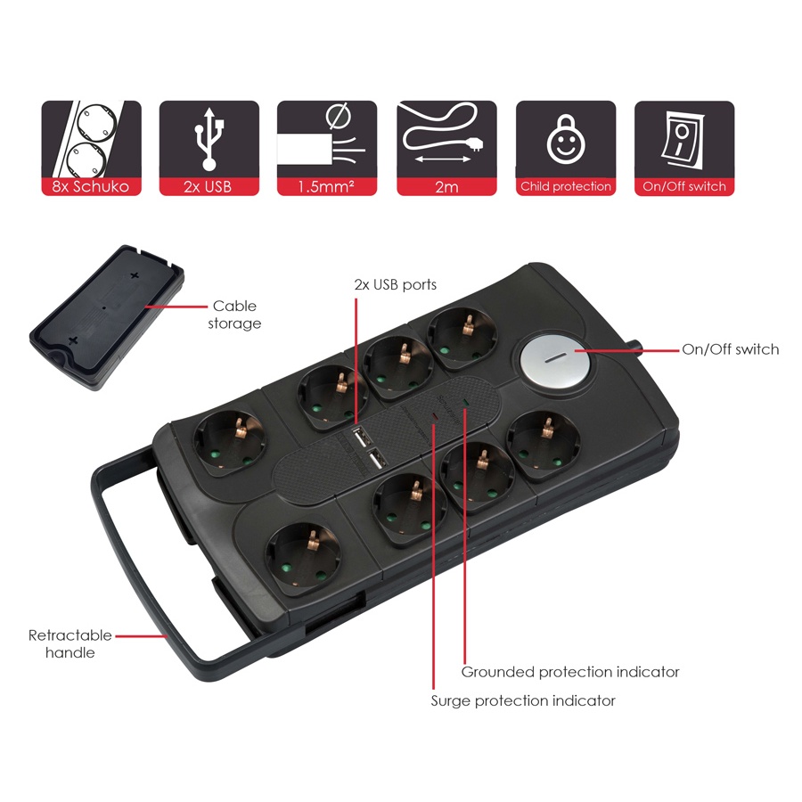 POWERTECH πολύπριζο ασφαλείας PT-995, 8x schuko & 2x USB, 16A, 2m, μαύρο - Image 2