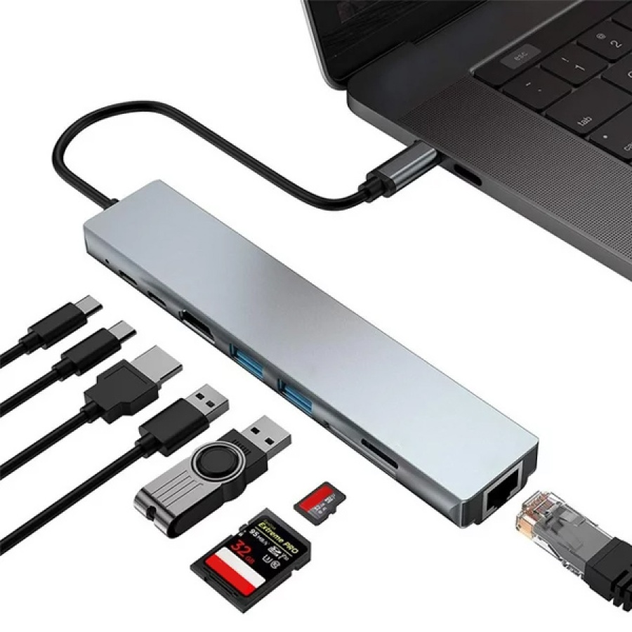 POWERTECH docking station PTH-103, 8 θυρών, USB-C σύνδεση, 100W PD, γκρι - Image 2