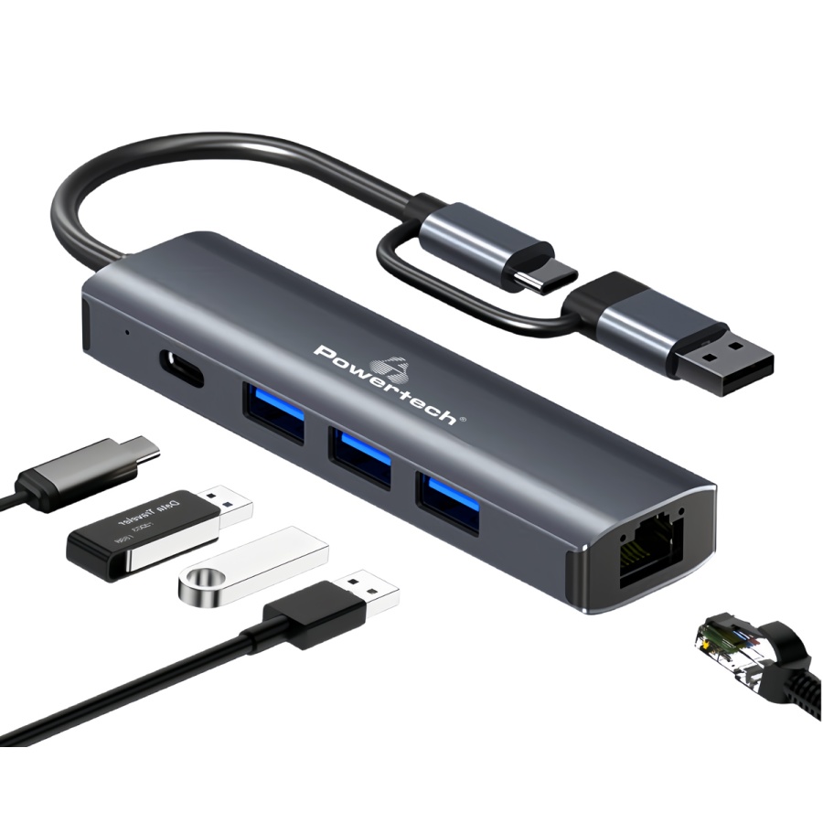 POWERTECH USB hub PTR-0150 με θύρα δικτύου, 4 θυρών, USB & USB-C, γκρι - Image 2