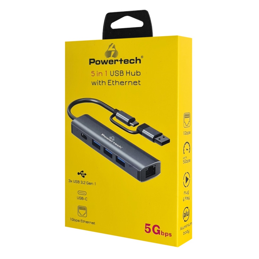 POWERTECH USB hub PTR-0150 με θύρα δικτύου, 4 θυρών, USB & USB-C, γκρι - Image 3