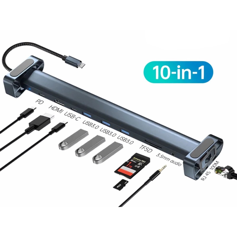 POWERTECH docking station PTR-0152, 10 θυρών, βάση laptop, USB-C, γκρι - Image 3