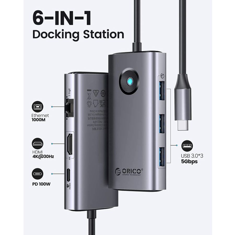 ORICO docking station PW11-6PR, 6 θυρών, USB-C σύνδεση, 100W PD 4K, γκρι - Image 3