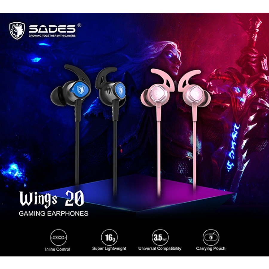 SADES gaming earphones Wings 20 με μικρόφωνο, 3.5mm, Φ12mm, 1.2m, ροζ - Image 2