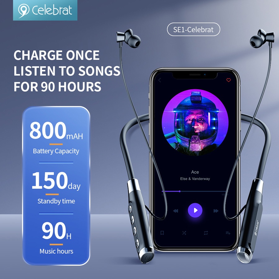 CELEBRAT earphones SE1 με μαγνήτη, Bluetooth, 12mm, 800mAh, μαύρα - Image 2