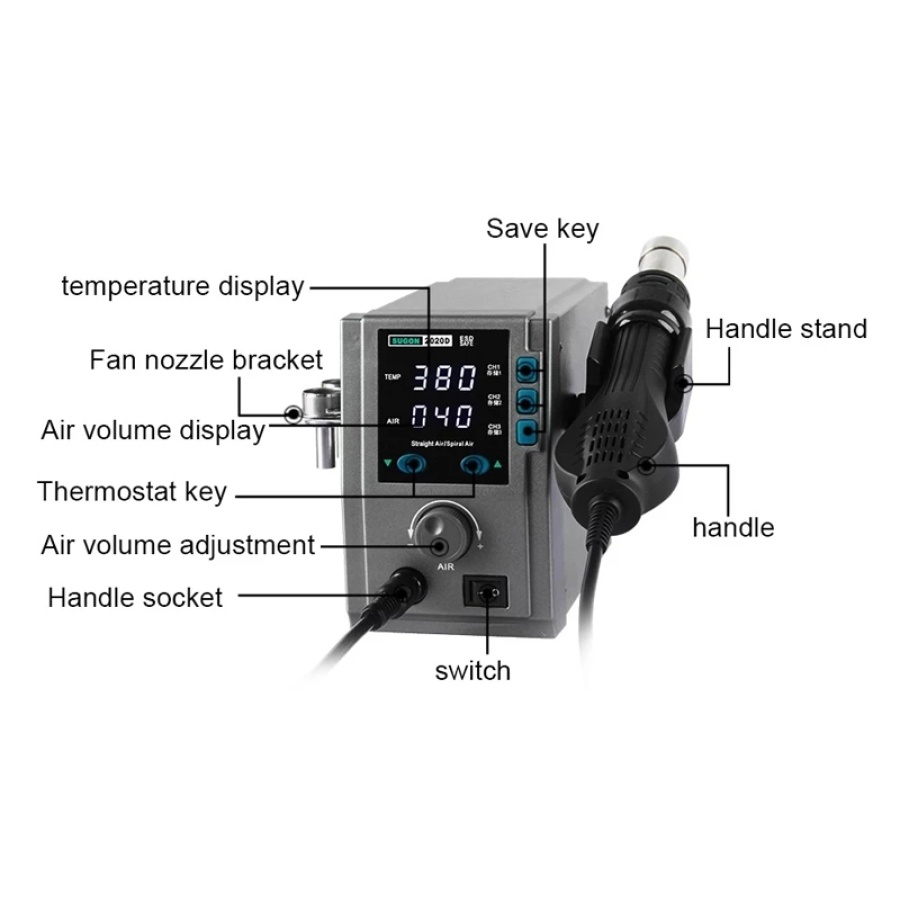 SUGON σταθμός θερμού αέρα 2020D με air gun, 700W, 100-500 °C - Image 6